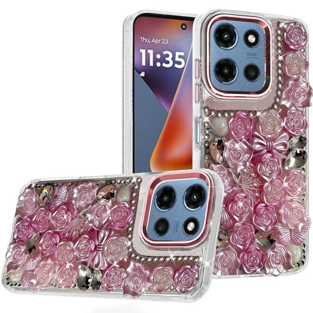 Phone Case for Motorola Moto G Play 5G 2026 3D Flower Bling Rhinestone Glitter Cute Stylish Shockproof Protective Decorative Luxury Grip Stones Ornaments Cover Pink