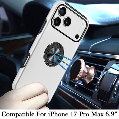 For Apple iPhone 17 Pro Max (6.9") Hybrid 360 Degree Rotatable Metal Invisible Ring Stand Holder Slim Fit Magnetic Car Mount Shockproof Case Cover