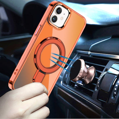 For iPhone 12 / iPhone 12 Pro (6.1") Chrome Hybrid with Rotating Magnetic Circle Ring Stand, Slim Shockproof Hybrid Case Cover Cosmic Orange
