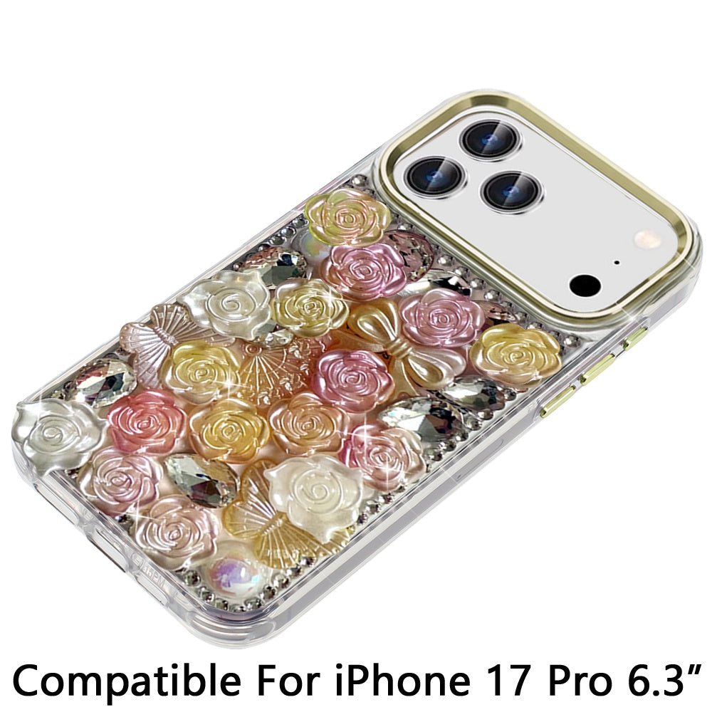 For Apple iPhone 17 Pro (6.3") Muti-Color Floral Fashion Bling Crystal 3D Full Diamonds Stones Sparkle Rhinestone Glitter Hybrid Case Cover