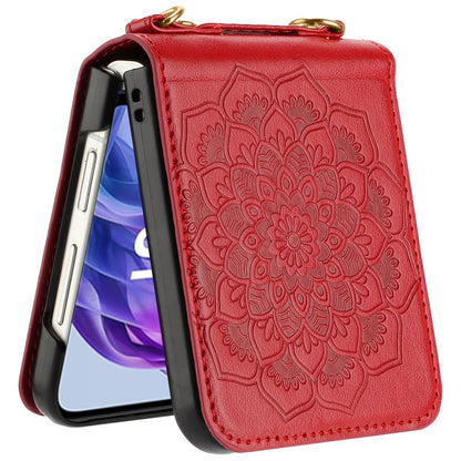 For Samsung Galaxy Z Flip 7 FE Embossed Floral PU Leather Henna Mandala Design Flip Cover with Strap, Hybrid Protective Case Cover Red