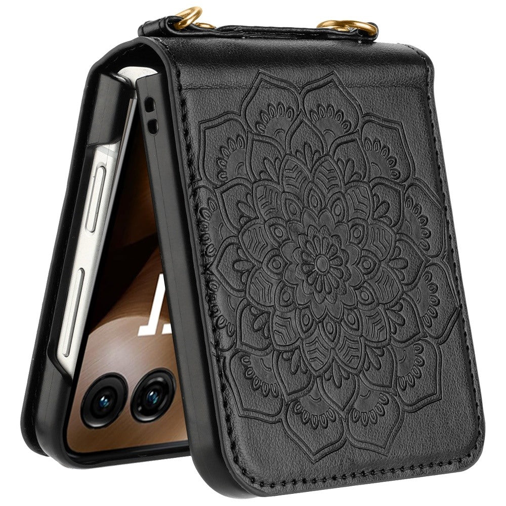 For Samsung Galaxy Z Flip 7 Embossed Floral PU Leather Henna Mandala Design Flip Cover with Strap, Hybrid Protective Case Cover