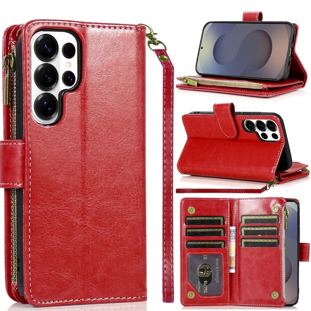 For Samsung Galaxy S26 Ultra Leather Wallet Case with Zipper, 9 Card Slots, Cash Pocket, Stand & Strap, Clutch Pouch Design Case Cover