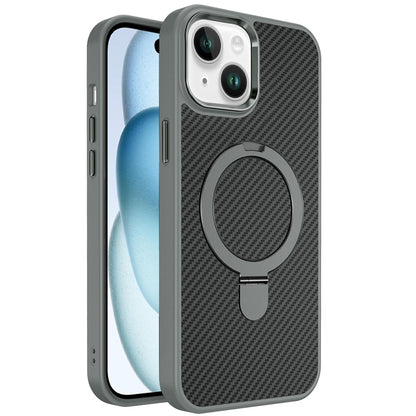 For Apple iPhone 16 (6.1") Hybrid Carbon Fiber Design with MagSafe Compatible [Magnetic Circle], Ring Stand Shockproof Slim TPU Case Cover