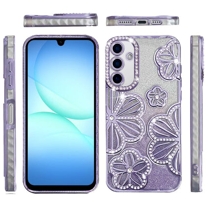 For Samsung Galaxy A17 5G Luxury Flower Design Sparkle Glitter Diamond Rhinestone Shimmer Bling Plating Thick TPU Hard PC Case Cover