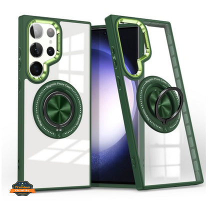 For Samsung Galaxy S25 Ultra Clear Transparent Back Hybrid with Rotating Ring Stand, MagSafe Compatible Shockproof Slim TPU PC Case Cover