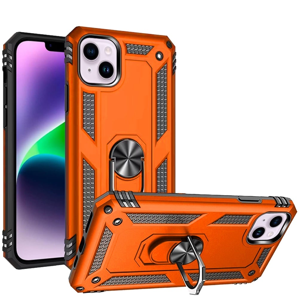 For iPhone 14/13 (6.1") Hybrid Shockproof Durable 360 Degree Rotatable Ring Stand Holder Kickstand Fit Magnetic Car Mount Case Cover Cosmic Orange