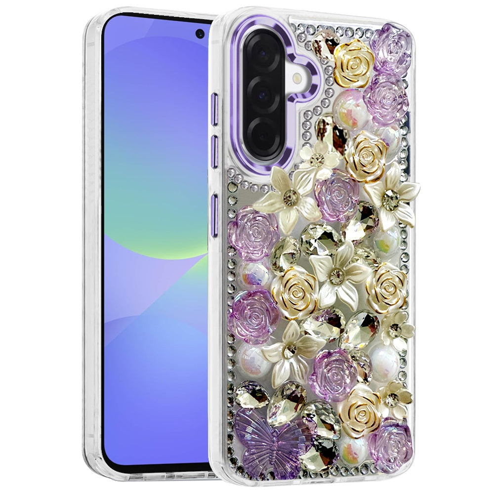 For Samsung Galaxy A37 3D Diamond Floral Roses Flower Bling Stone Hybrid, Sparkly Rhinestone Gemstone Back Shockproof Case Cover