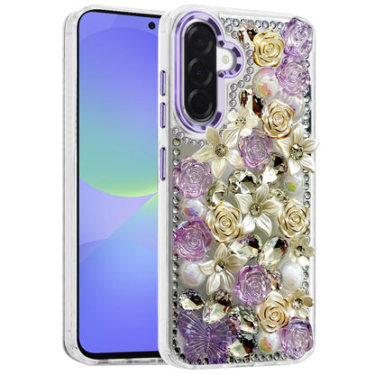For Samsung Galaxy A37 3D Diamond Floral Roses Flower Bling Stone Hybrid, Sparkly Rhinestone Gemstone Back Shockproof Case Cover