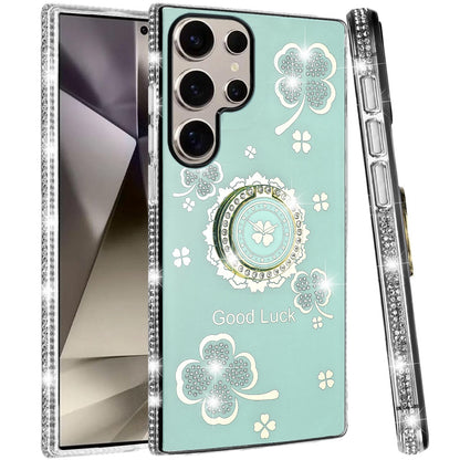 For Samsung Galaxy S25 Ultra Diamonds Bling All Around Edges Sparkly Glitter Hybrid with Ring Stand Holder Fashion Good Luck Case Cover