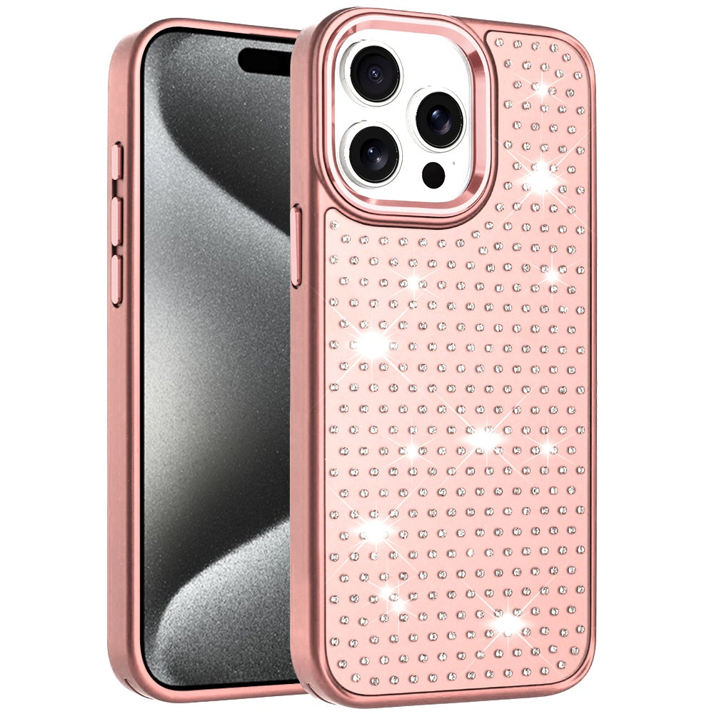 For Apple iPhone 15 Pro Max Bling Diamond Metallic, Full Sparkle Chrome Edged Hybrid Protective Shockproof Case Cover