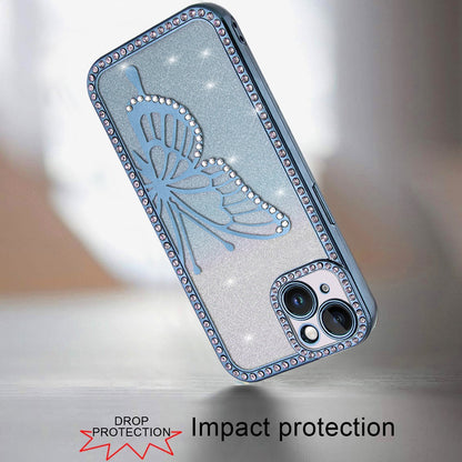 For Apple iPhone 14 /13 Butterfly Glitter Diamond Shimmer Hybrid Slim & Stylish Electroplated Sparkly Bling Shockproof TPU Protective Case Cover