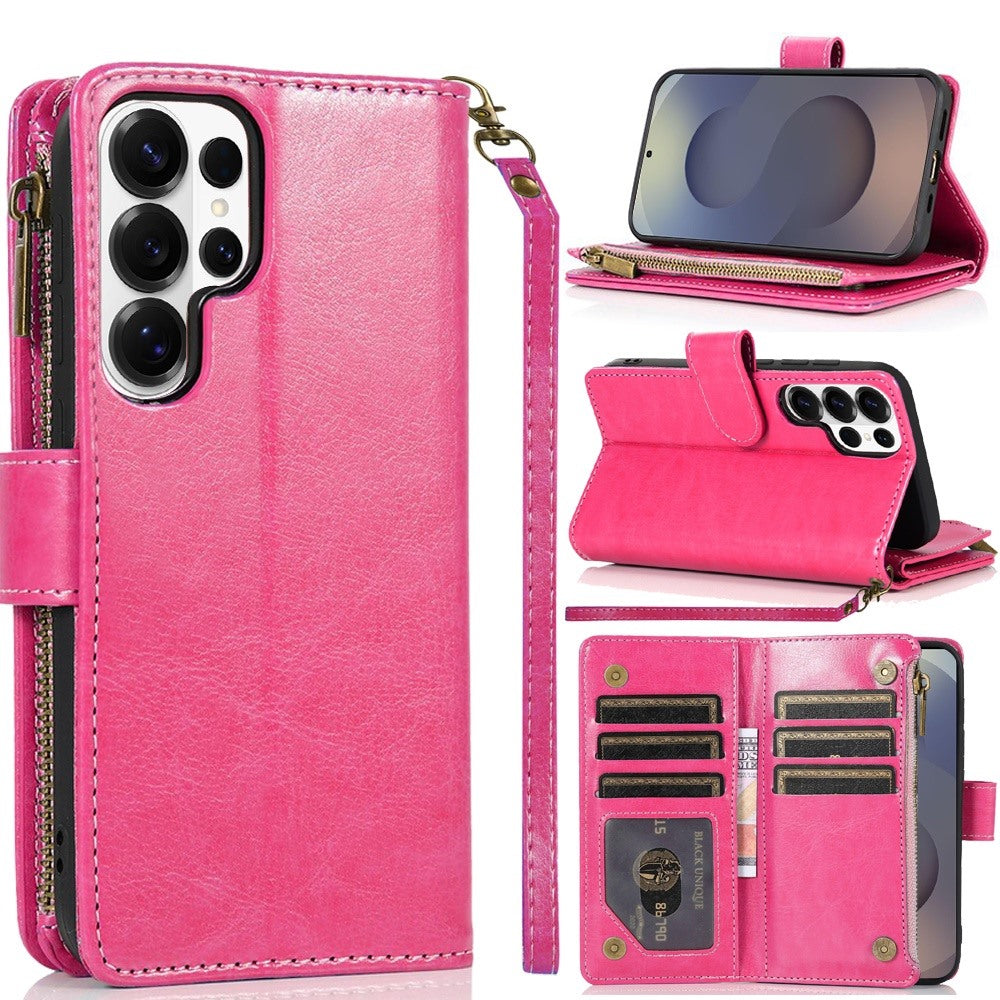 For Samsung Galaxy S26 Ultra Leather Wallet Case with Zipper, 9 Card Slots, Cash Pocket, Stand & Strap, Clutch Pouch Design Case Cover