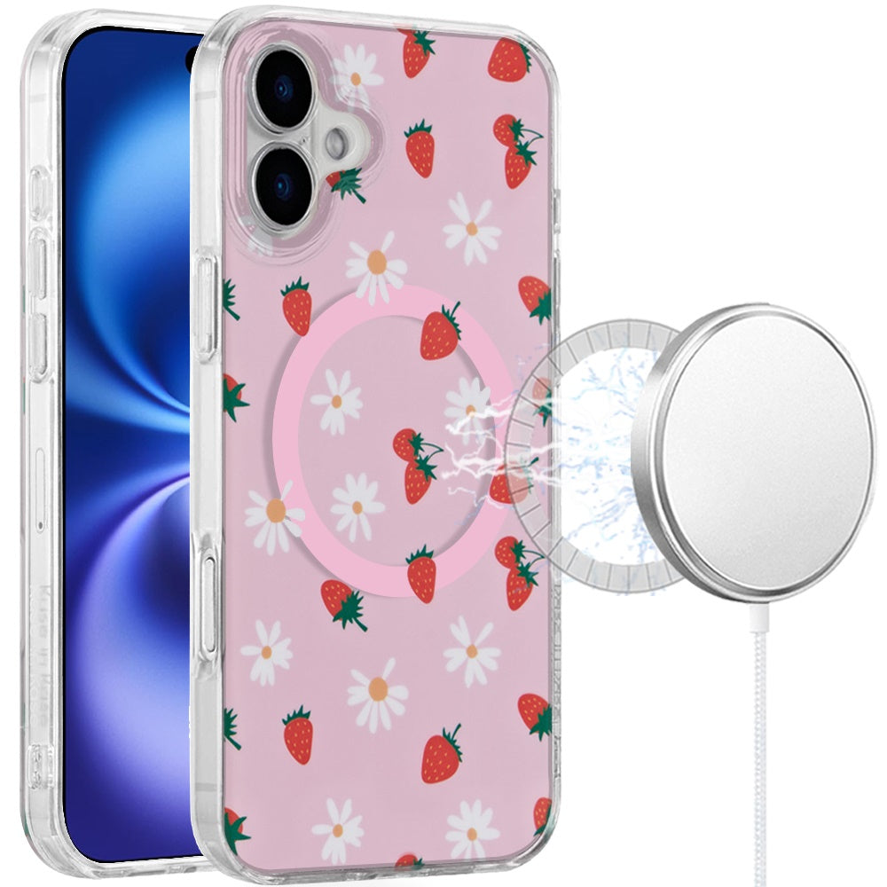 For Apple iPhone 17 Stylish Pattern Fashion IMD Printed Design TPU Double Layer Slim Shockproof with Magnetic Back Case Cover Strawberry Daisy