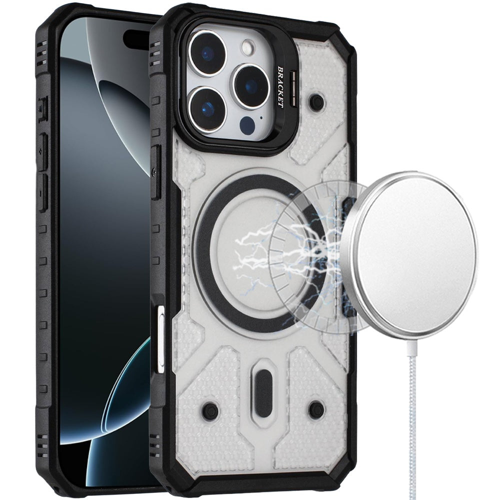 For Apple iPhone 17 Transparent Tough Dotted Magnetic Case with Camera Stand & Hybrid Grip Shockproof Case Cover