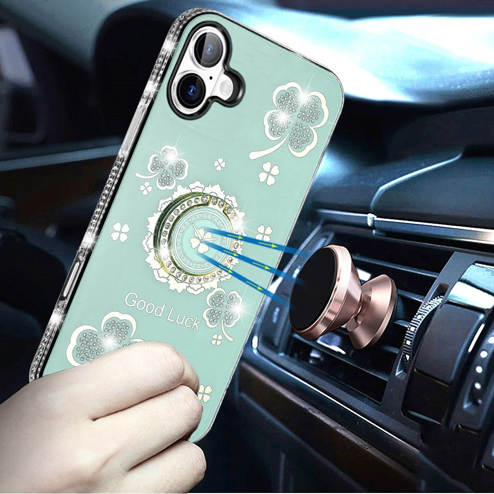 For Apple iPhone 17 (6.3") Diamonds Bling All Around Edges Sparkly Glitter Hybrid with Ring Stand Holder Fashion Good Luck Case Cover
