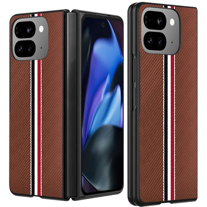 For Google Pixel 10 Pro Fold Velvet Fabric PU Vegan Leather, Premium Flip Design, Slim Snap-On Hard PC + TPU Case Cover Brown