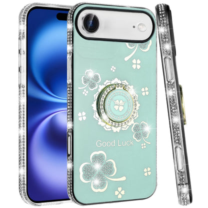 For Apple iPhone 17 Air (6.6") Diamonds Bling All Around Edges Sparkly Glitter Hybrid with Ring Stand Holder Fashion Good Luck Case Cover