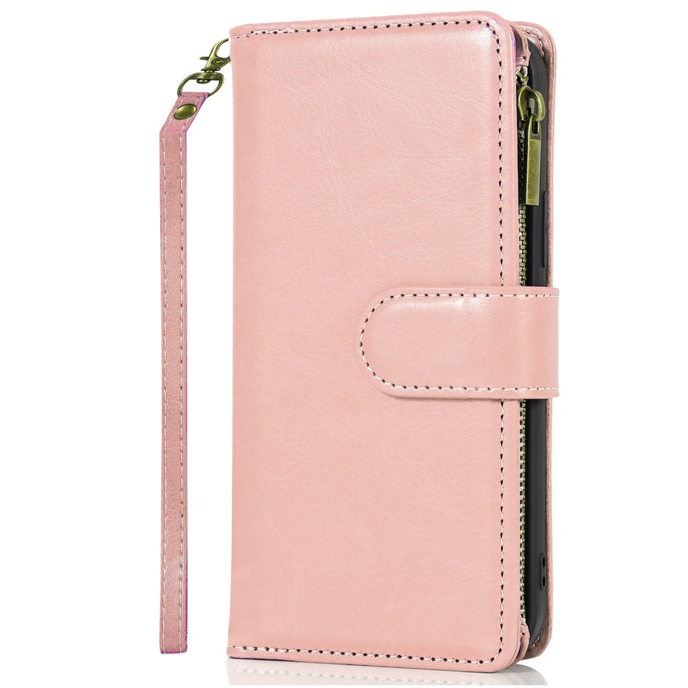 For Apple iPhone 17E /16E Leather Wallet Case with Zipper, 9 Card Slots, Cash Pocket, Stand & Strap, Clutch Pouch Design Case Cover Rose Gold