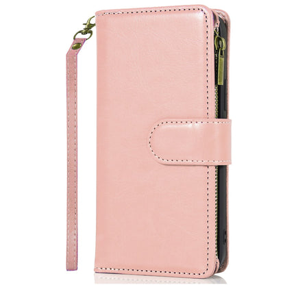 For Apple iPhone 17E /16E Leather Wallet Case with Zipper, 9 Card Slots, Cash Pocket, Stand & Strap, Clutch Pouch Design Case Cover Rose Gold