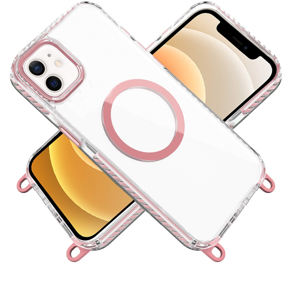 For Apple iPhone 14 /13 Clear Magnetic Frame PC Back Shockproof Protective Case with Detachable Lanyard Strap, Compatible with MagSafe Case Cover