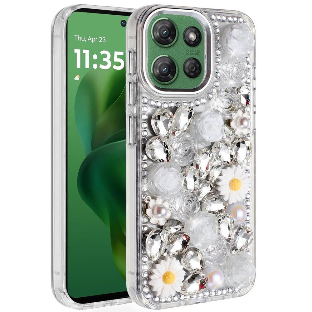 For Motorola Moto G Power 5G 2026 /2025 Fashion Daisy Floral Series, Full 3D Bling Crystal Diamonds Sparkling Rhinestone Glitter Hybrid Design Case Cover Blue