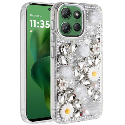 For Motorola Moto G Power 5G 2026 /2025 Fashion Daisy Floral Series, Full 3D Bling Crystal Diamonds Sparkling Rhinestone Glitter Hybrid Design Case Cover Blue