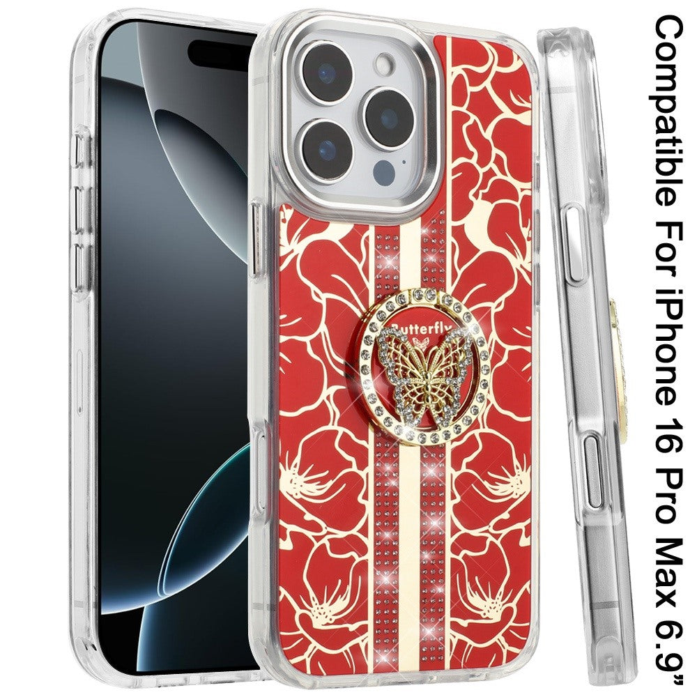 For iPhone 16 Pro Max (6.9") Diamonds 3D Butterfly Floral Design Bling Sparkly Glitter Hybrid Metal Fashion with Ring Stand Case Cover