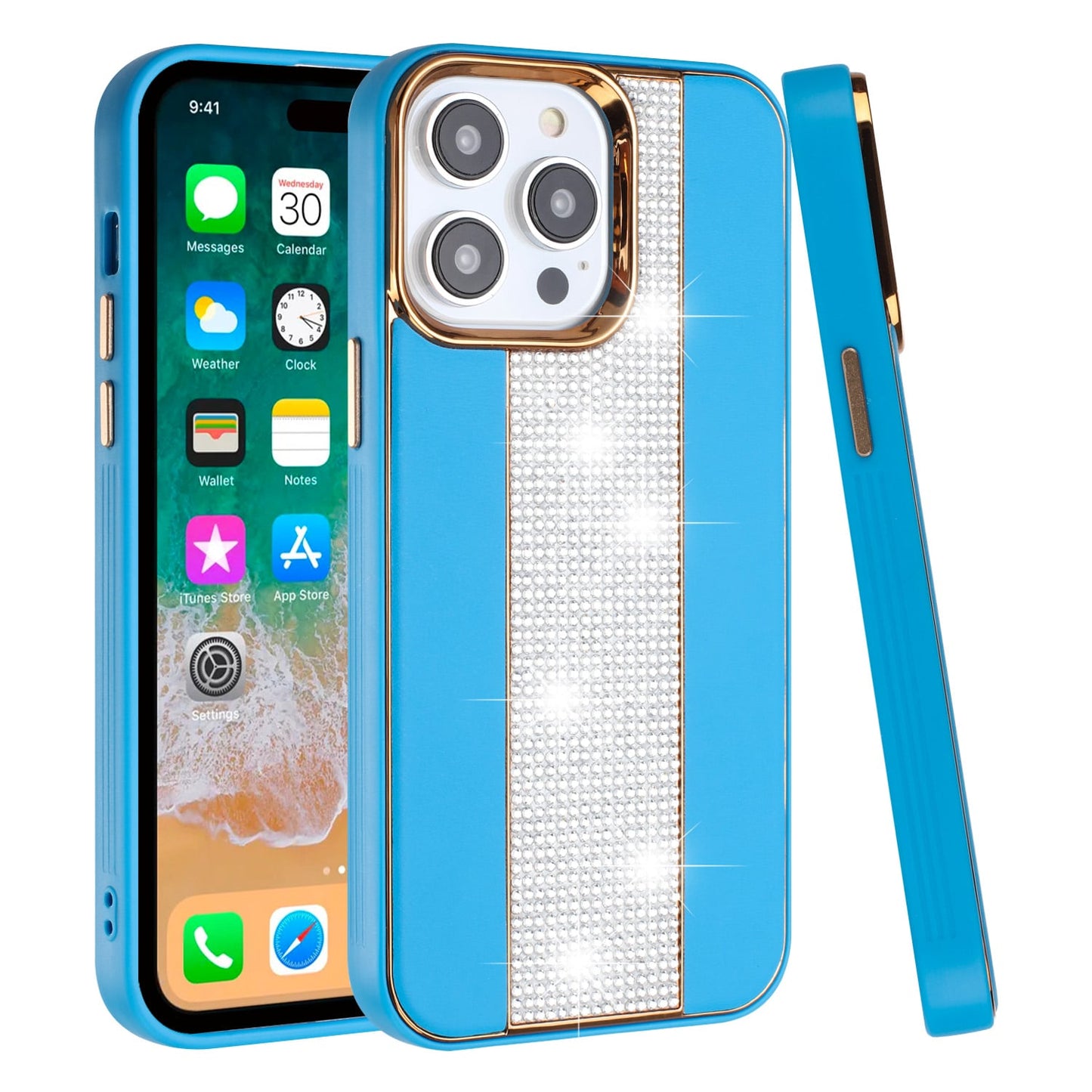 For iPhone 15 Pro (6.1") Flashy Diamond Leather Hybrid Shockproof Protection Chrome Camera Edge Grip Slim Durable Case Cover Blue