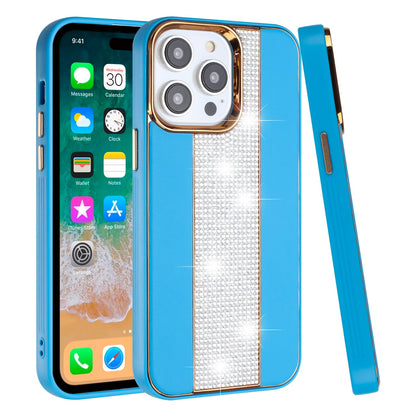For iPhone 15 Pro (6.1") Flashy Diamond Leather Hybrid Shockproof Protection Chrome Camera Edge Grip Slim Durable Case Cover Blue