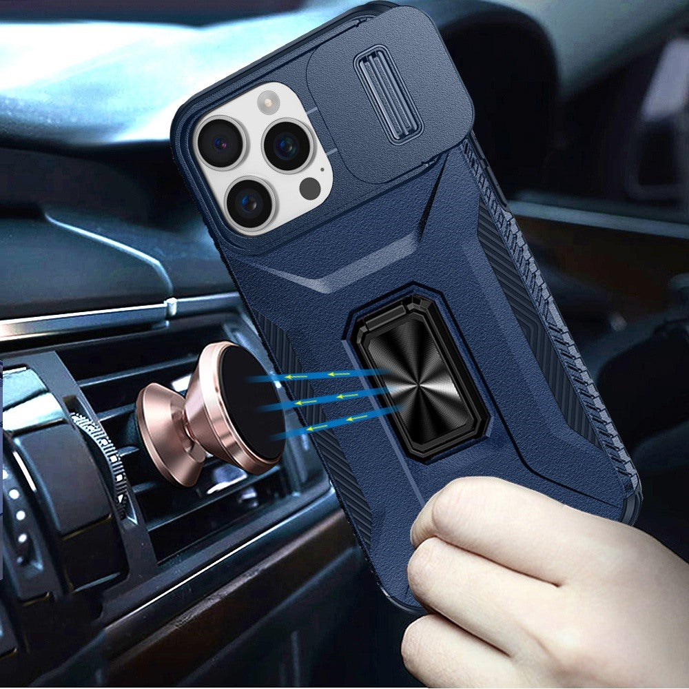 For Apple iPhone 13 Pro Max Case, Camera Cover with Magnetic Rotation Ring Stand, Military Grade Hybrid Hard TPU Shockproof Case Cover Blue