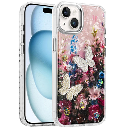 For Apple iPhone 16 (6.1") Epoxy Glitter Flowers Bling 3D Butterfly Fashion TPU Hybrid with Shockproof Protection Case Cover