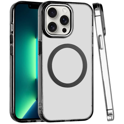 For Apple iPhone 13 Pro Transparent Back Hybrid Case - Magnetic Circle, Color Frame, Metal Buttons, MagSafe Compatible Case Cover Rose Gold