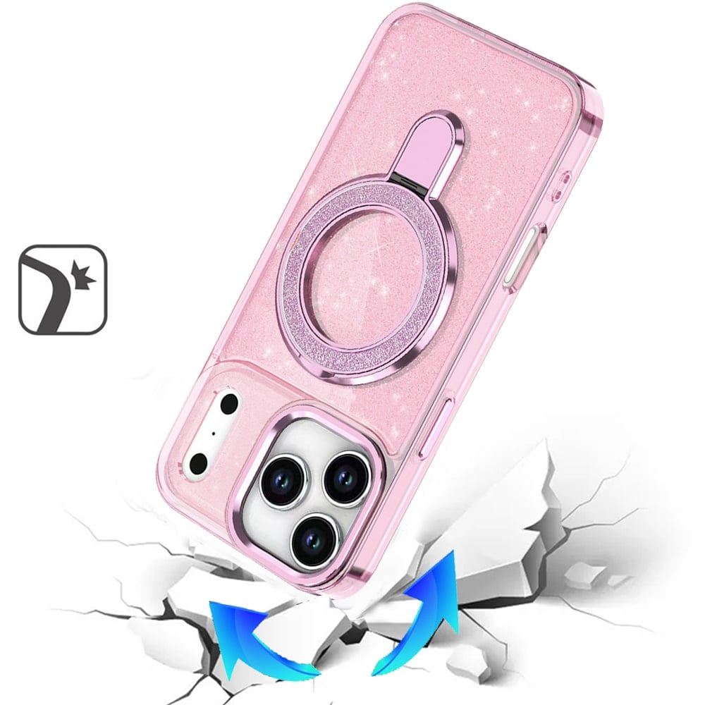 For Apple iPhone 17 Pro (6.3") Transparent Glitter Bling Case with Rotating Magnetic Ring Stand, Shockproof Hybrid Case Cover