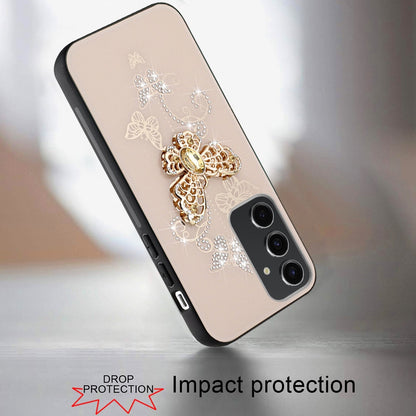 For Samsung Galaxy S24 FE Diamonds 3D Butterfly Bling Sparkly Glitter Ornaments Engraving Hybrid Metal Fashion Case Cover Gold Garden Butterflies