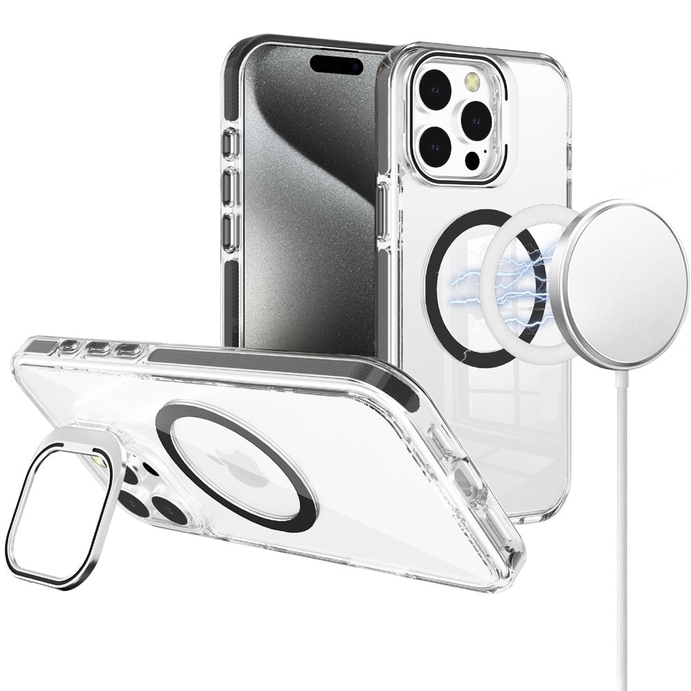 For Apple iPhone 16 Pro (6.3") Built-in Camera Kick-Stand, Compatible with MagSafe, Transparent Colorful Edged Tough Hybrid TPU Case Cover Clear Black