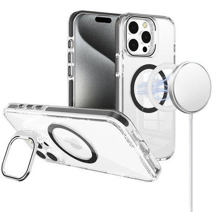 For Apple iPhone 16 Pro (6.3") Built-in Camera Kick-Stand, Compatible with MagSafe, Transparent Colorful Edged Tough Hybrid TPU Case Cover Clear Black