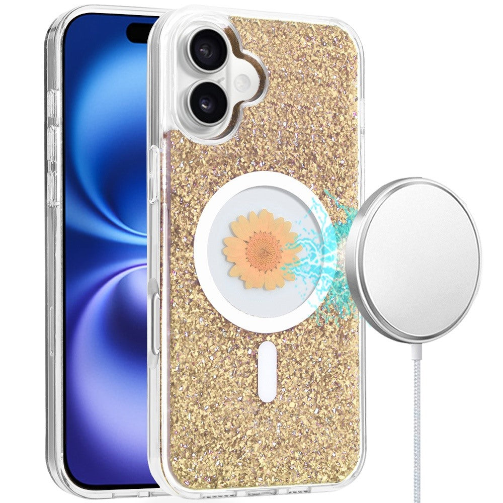 For Apple iPhone 16 Plus MagSafe Compatible Glitter Flower Epoxy Hybrid Slim TPU Case, Magnetic Circle Design, Sparkly Bling Protective Case Cover Gold