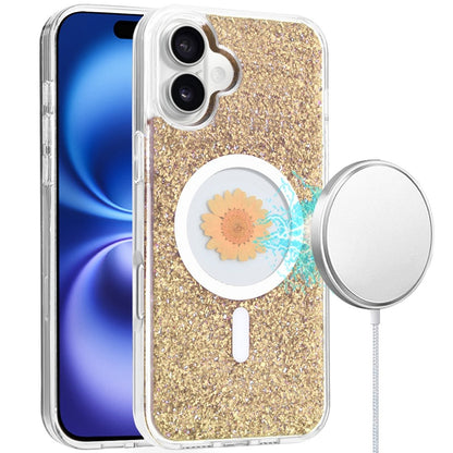 For Apple iPhone 16 Plus MagSafe Compatible Glitter Flower Epoxy Hybrid Slim TPU Case, Magnetic Circle Design, Sparkly Bling Protective Case Cover Gold