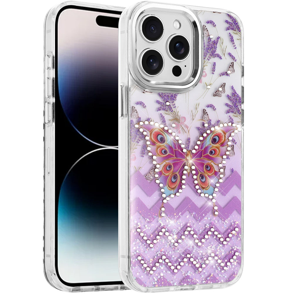 For iPhone 14 Pro Max (6.7") Butterfly Resin Epoxy Diamond Design Metal Edged Hybrid Shockproof Heavy Duty Drop Protection Case Cover