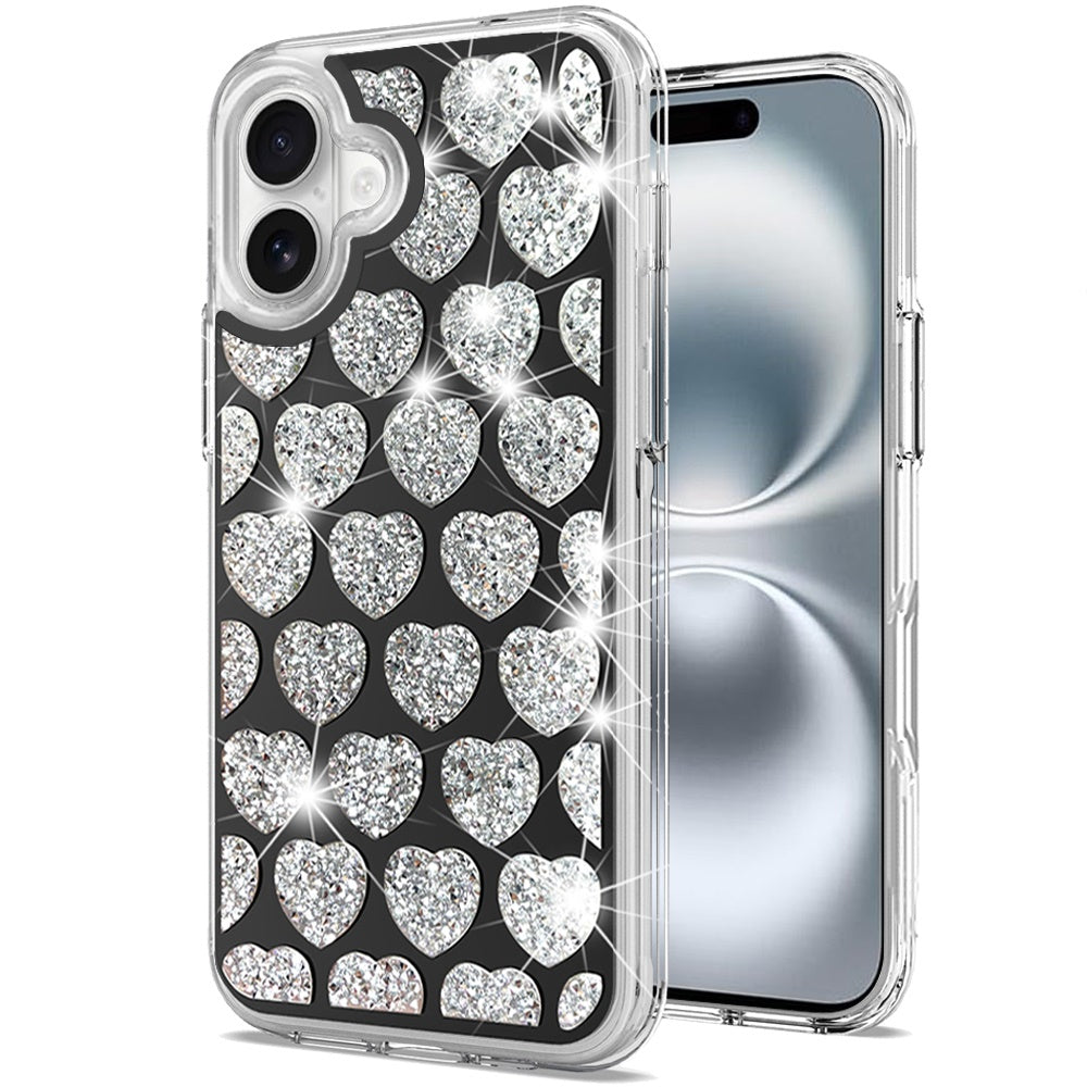For Apple iPhone 16 Plus (6.7") Sparkly 3D Design Diamond Shockproof Protective Bling Rhinestone Hybrid Skin PC + TPU Case Cover