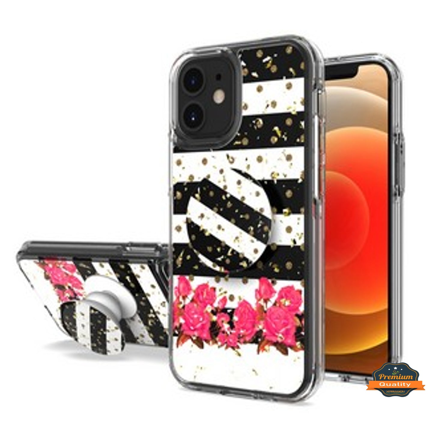 For Apple iPhone 15 Pro (6.1") Elegant Pattern Design Bling Glitter Hybrid with Ring Stand Pop Up Finger Holder Kickstand  Phone Case Cover