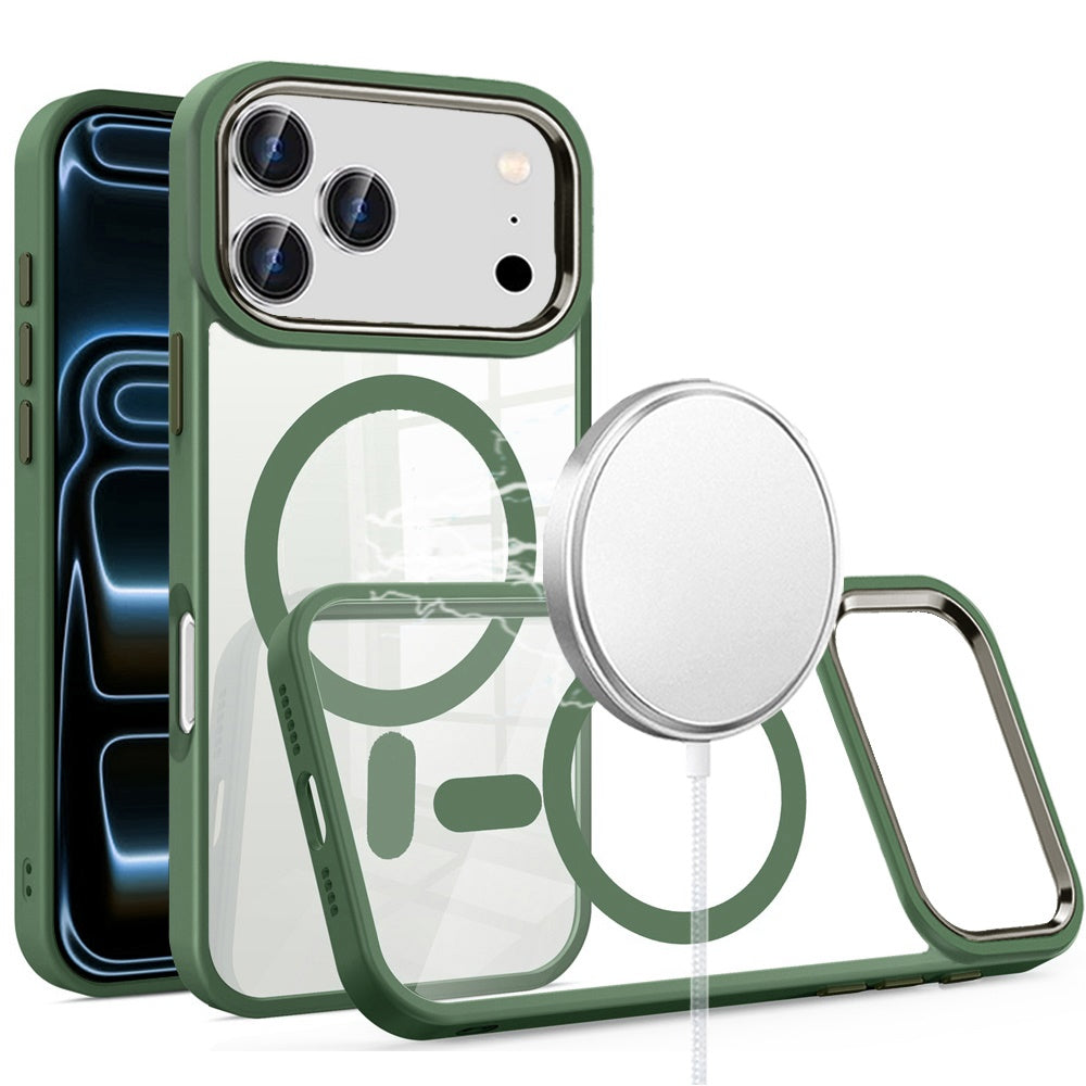 Phone Case for Apple iPhone 17 Pro Clear Acrylic Magnetic Circle Shockproof Hybrid Metal Button TPU Drop Protection Rugged Slim Durable Armor Cover Midnight Green