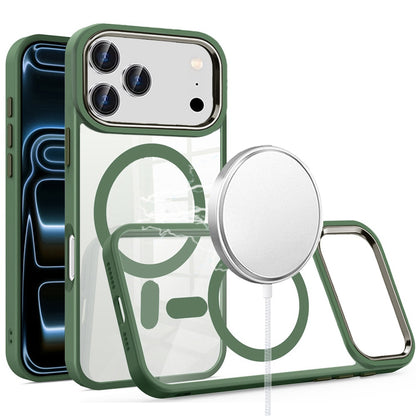 Phone Case for Apple iPhone 17 Pro Clear Acrylic Magnetic Circle Shockproof Hybrid Metal Button TPU Drop Protection Rugged Slim Durable Armor Cover Midnight Green