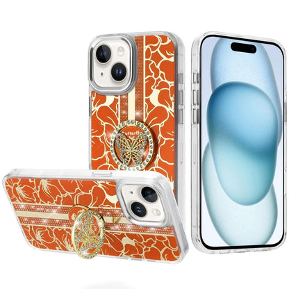 For iPhone 15 Plus (6.7") Diamonds 3D Butterfly Floral Design Bling Sparkly Glitter Hybrid Metal Fashion with Ring Stand Case Cover Cosmic Orange