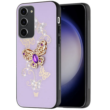 For Samsung Galaxy A06 Diamonds 3D Butterfly Bling Sparkly Glitter Ornaments Engraving Hybrid Metal Fashion Case Cover Purple Garden Butterflies