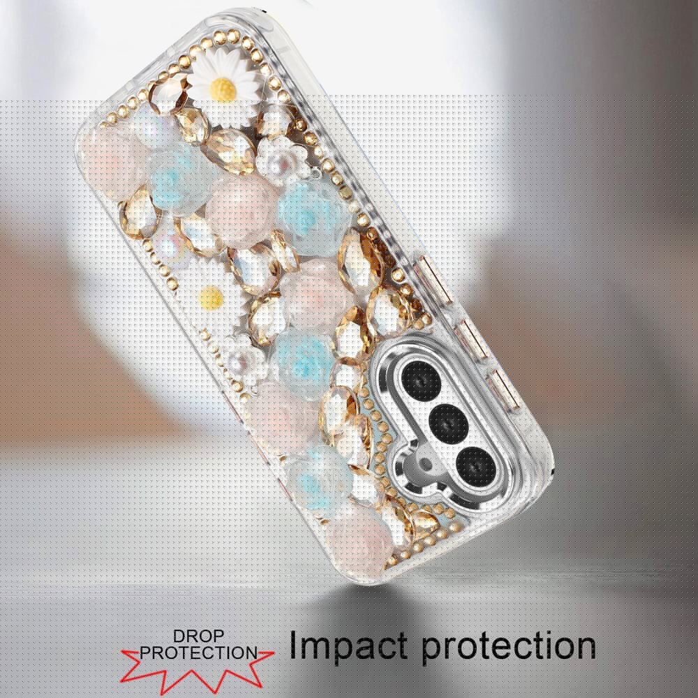 For Samsung Galaxy A16 5G Fashion Daisy Floral Series, Full 3D Bling Crystal Diamonds Sparkling Rhinestone Glitter Hybrid Design Case Cover Gold