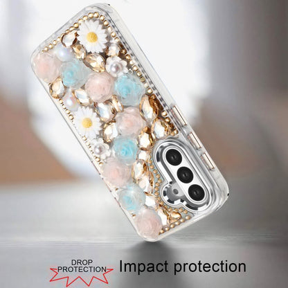 For Samsung Galaxy A16 5G Fashion Daisy Floral Series, Full 3D Bling Crystal Diamonds Sparkling Rhinestone Glitter Hybrid Design Case Cover Gold