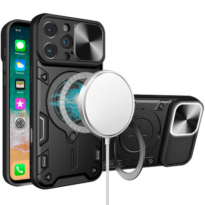 For Apple iPhone 16 (6.1") Hybrid Magnetic Circle 360° Ring Kickstand with MagSafe Compatible & Camera lens Protector Case Cover
