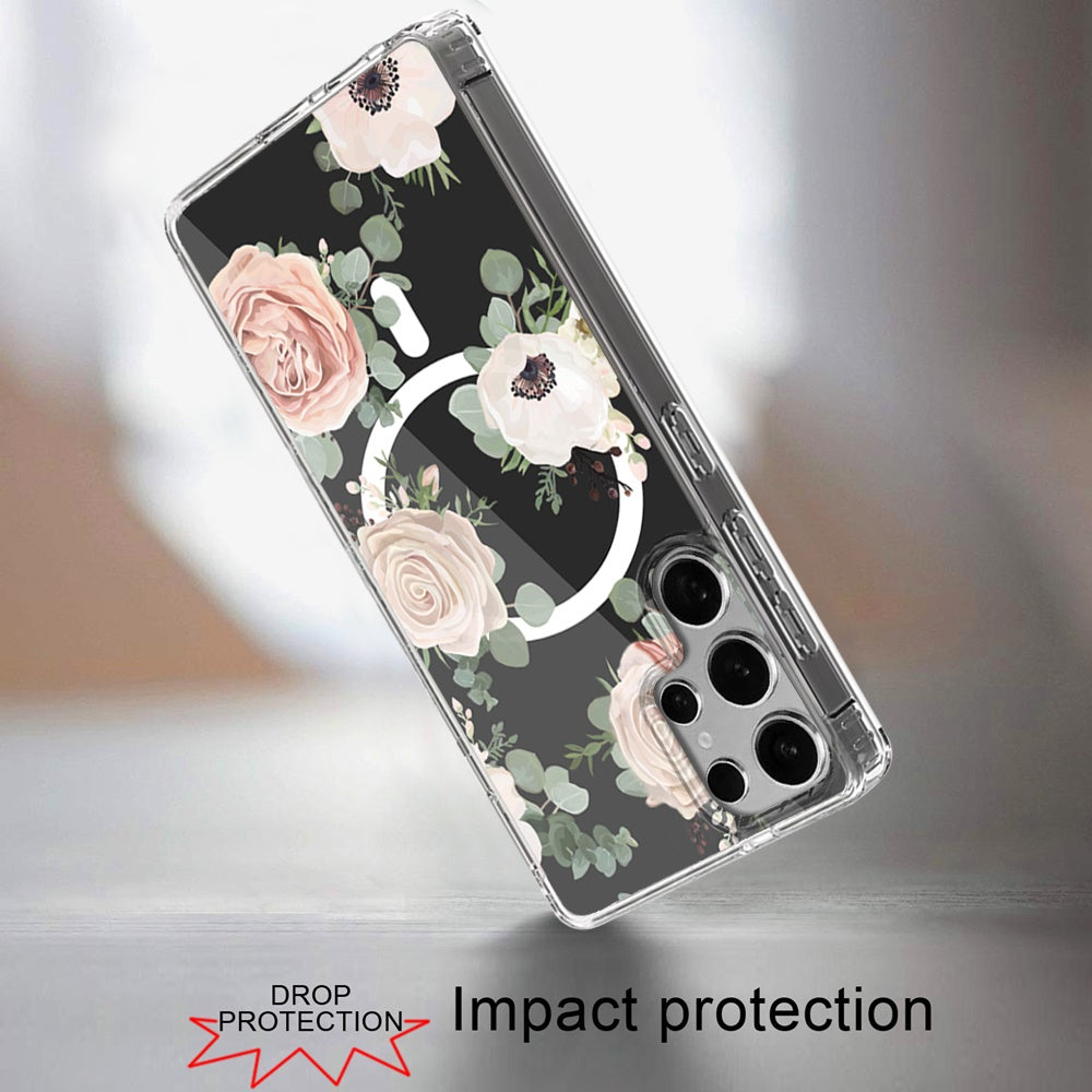For Samsung Galaxy S25 Ultra Hybrid Flower Design Stylish Fashion Case, MagSafe Compatible, Thick Shockproof Hard PC Case Cover